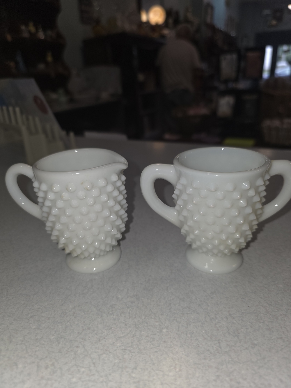 Vintage White Hobnail Milk Glass Creamer and Sugar Set